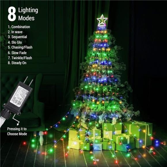 Christmas Lights, 317 LED 10ft X 9 Lights with 12" Topper Star, 8 Modes - Picture 2 of 6